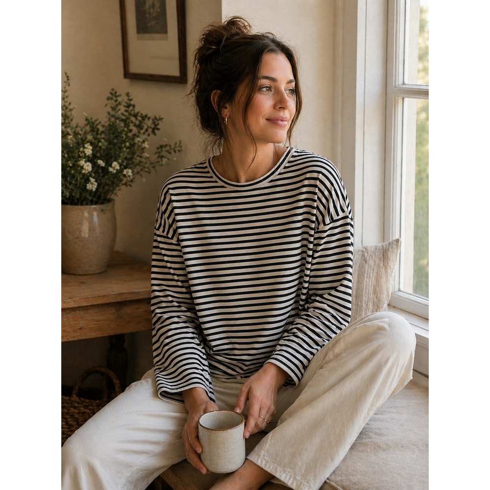 AYR Womens Striped Long Sleeve Cotton Tee White Navy Blue Relaxed Fit Size M